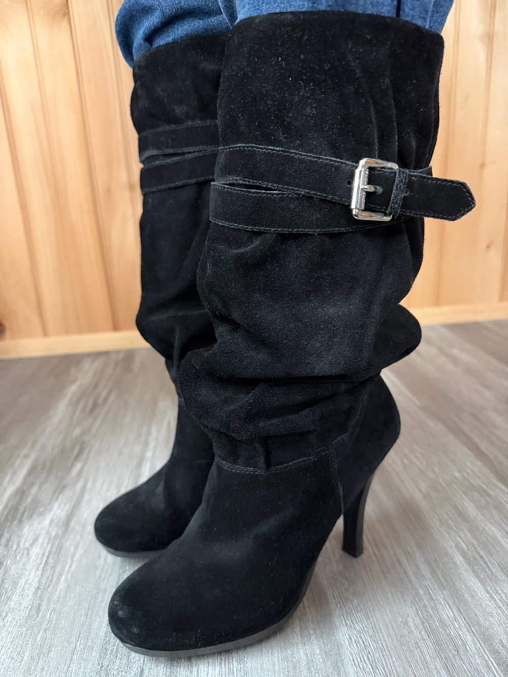 MICHAEL Michael Kors Black Suede Slouchy High-Heel Boots with Buckle